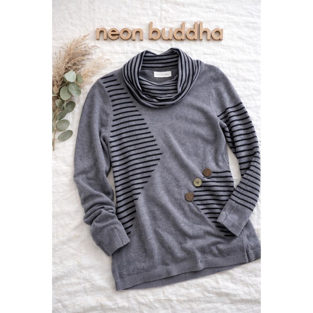 Neon Buddha‎ Gray Striped Cowl Neck Sweater Small Cotton Cozy Button Detail Soft